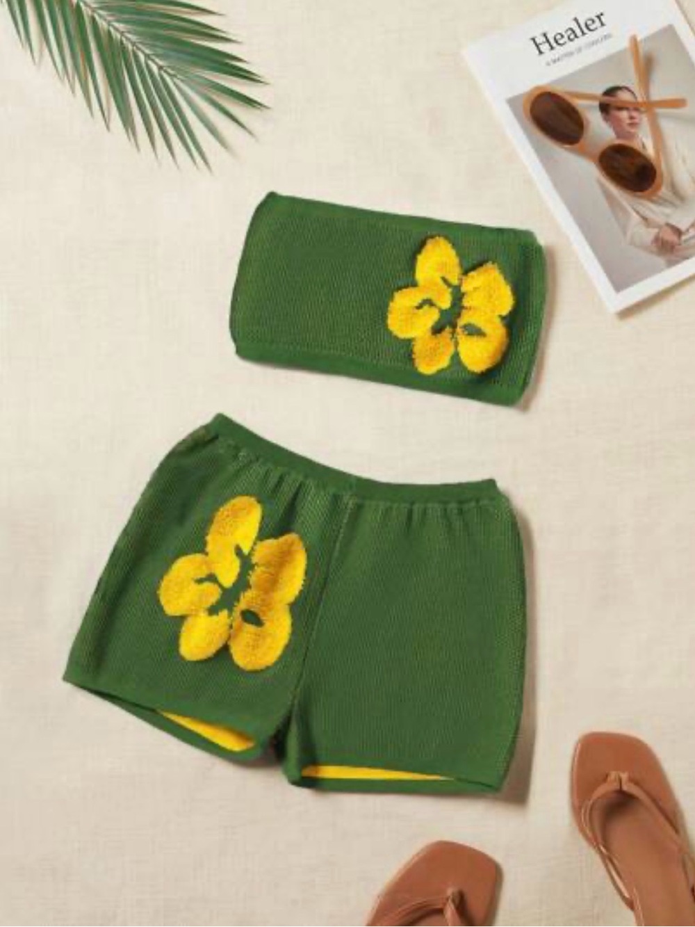 SHEIN Olive Green Knit Bike Shorts Set with Yellow Floral
